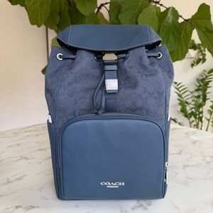 NWT Coach Racer Backpack In Signature Jacquard & Leather Denim Blue Silver CW172